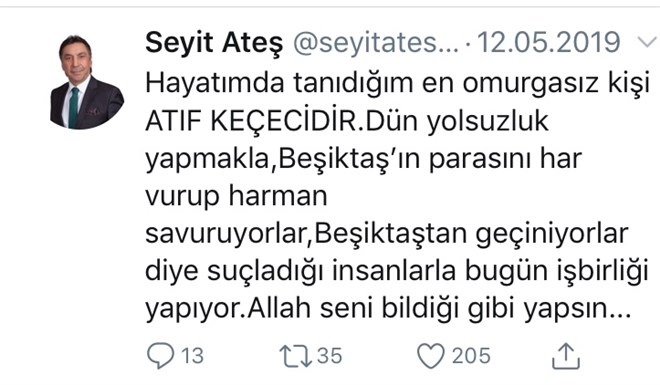 İşte Seyit Ateş’in, Atıf Keçeci için attığı twit.