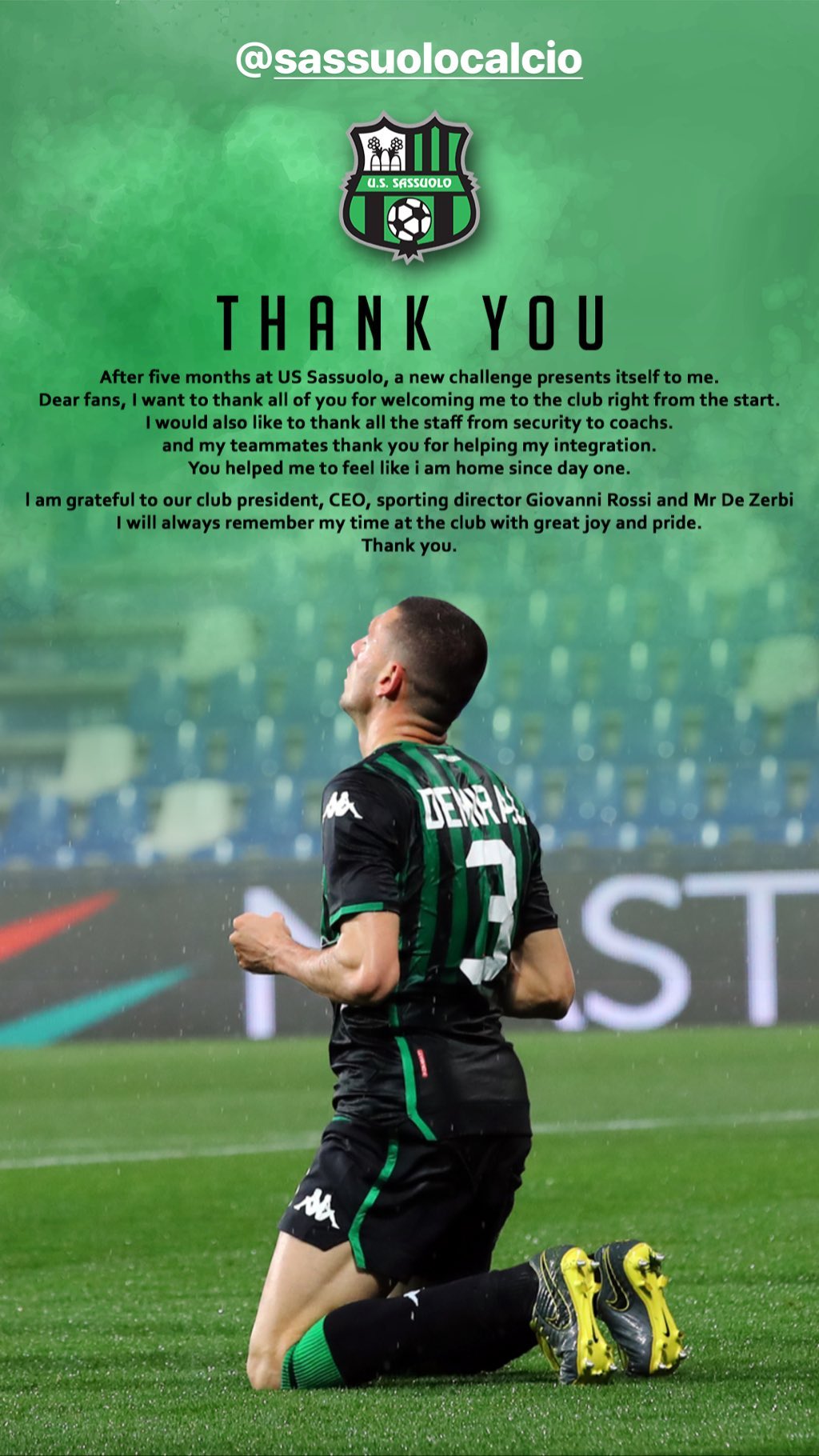 Merih Demiral'dan Sassuolo'ya teşekkür mesajı