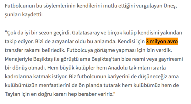 Hüseyin Üneş: Taylan Antalyalı için 3 milyon Euro istiyoruz