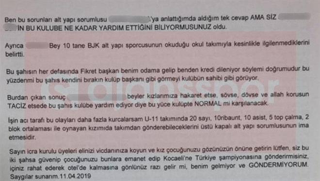 Beşiktaş icra kuruluna yazılan mektubun 2. sayfası