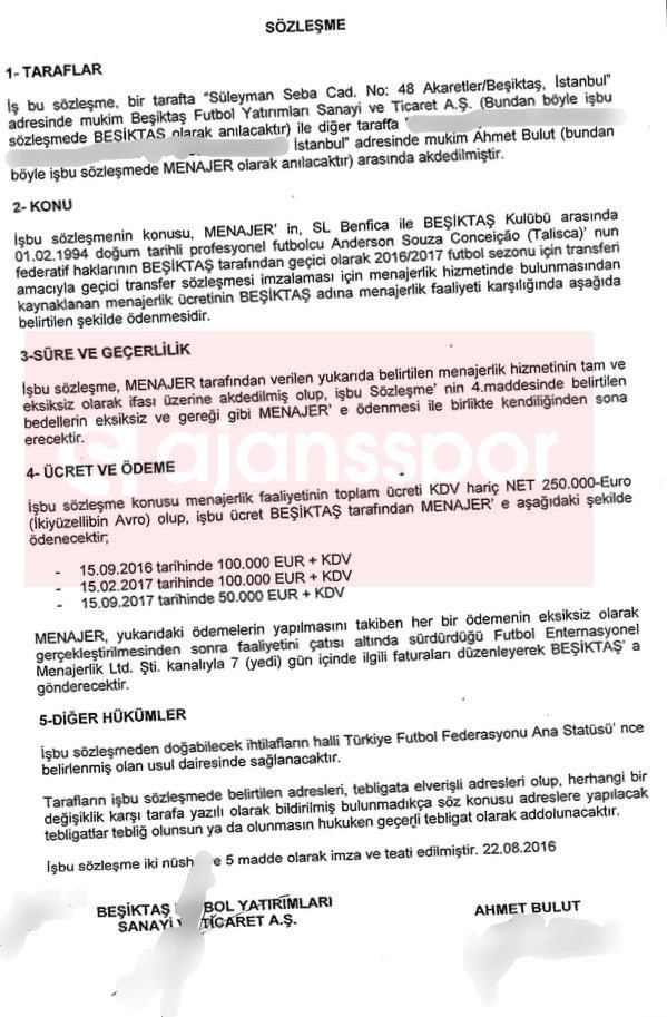 Talisca'nın menajerlik sözleşmesi