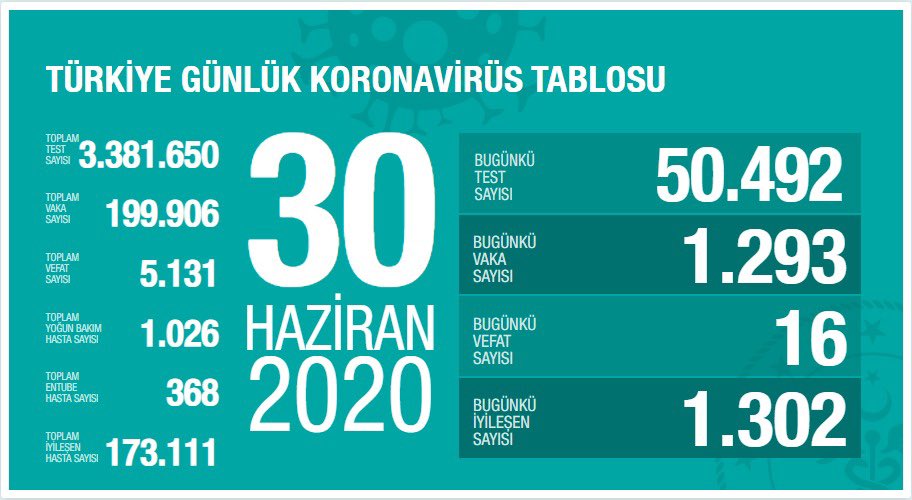 30 Haziran koronavirüs tablosu