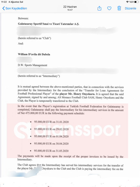 Galatasaray Kulübü ile Onyekuru’nun menajeri arasında yapılan 475 bin Euro’luk sözleşme...