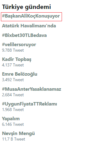 Ali Koç'un konuşması, Twitter'da da TT listesinde ilk sırada yer aldı.